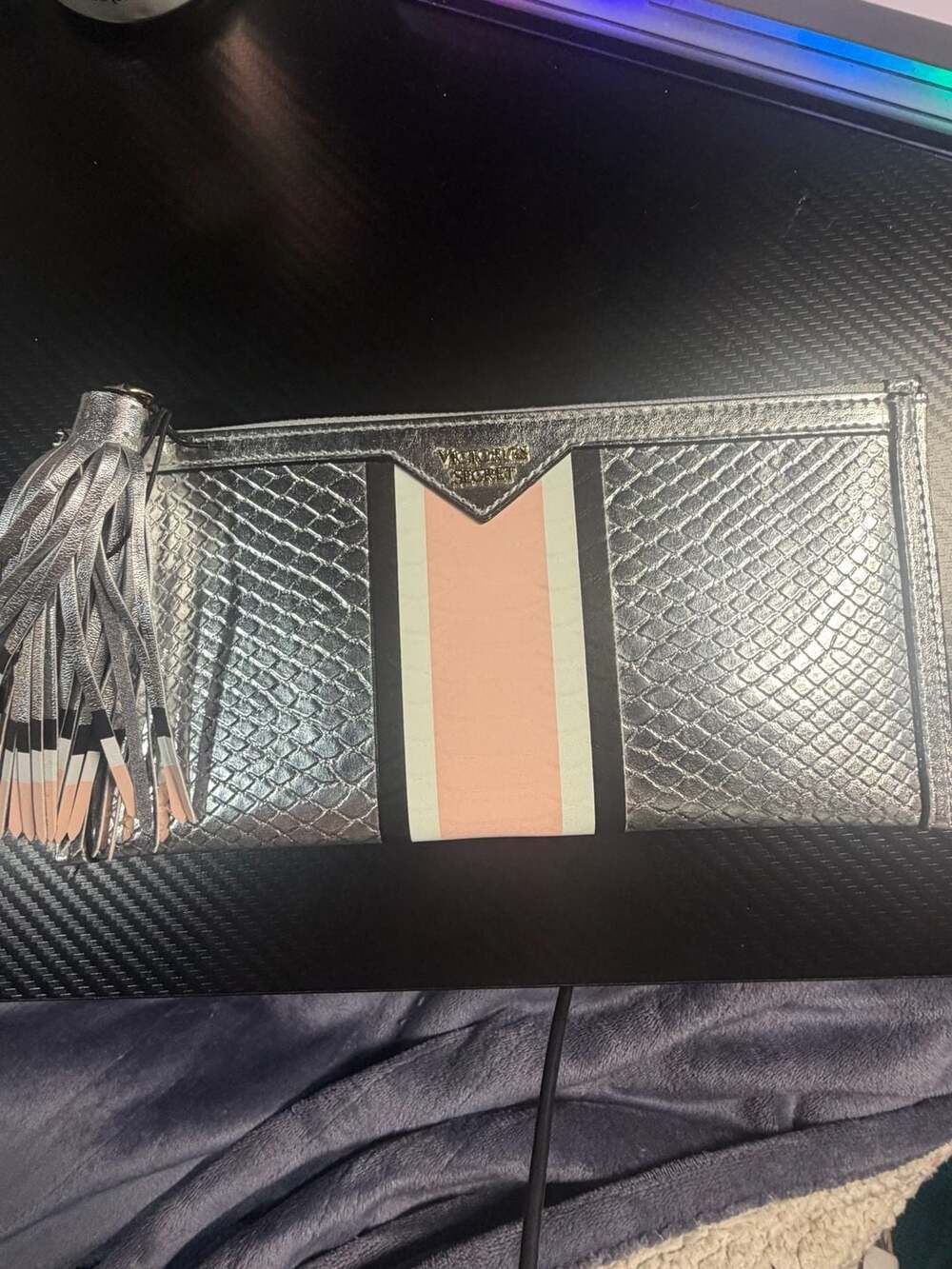 Victoria's Secret Silver Snakeskin Stripe Tassel Pouch Clutch